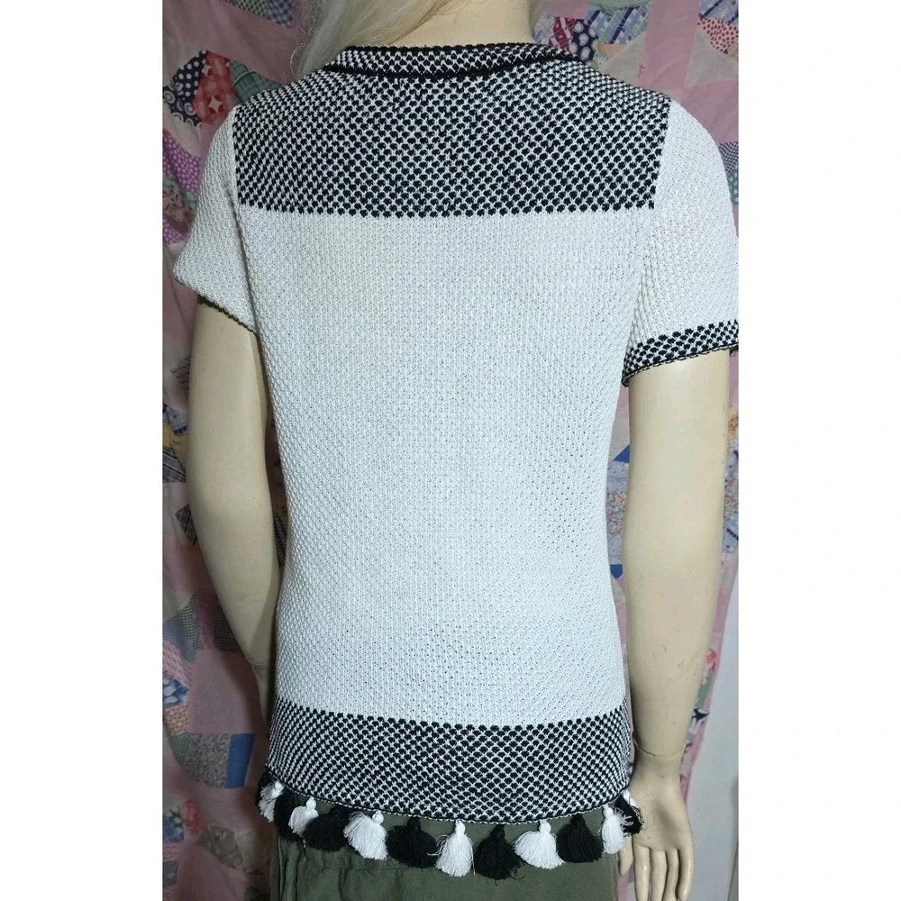 Anthropologie Black And White Knit Women's short sleeve‎ sweater With Tassels S